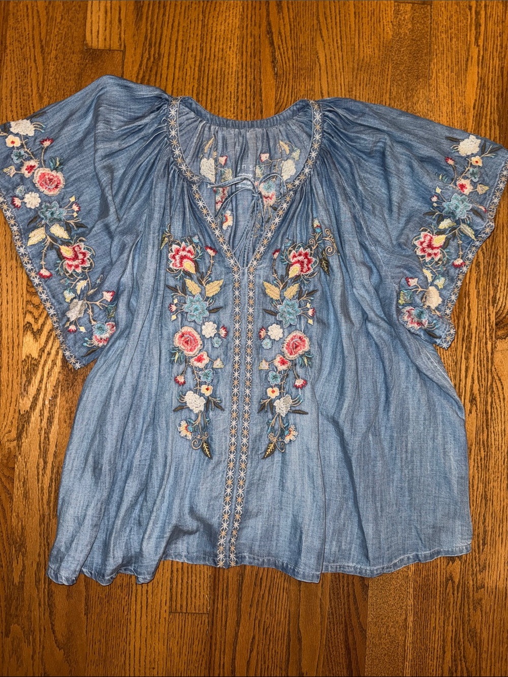Blue Denim Embroidered Boho Peasant Blouse NWOT